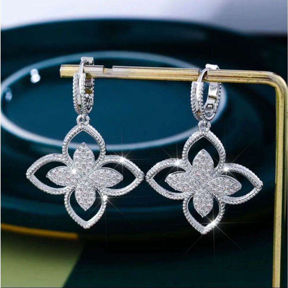 Diamond Silver Plated Clover Earrings